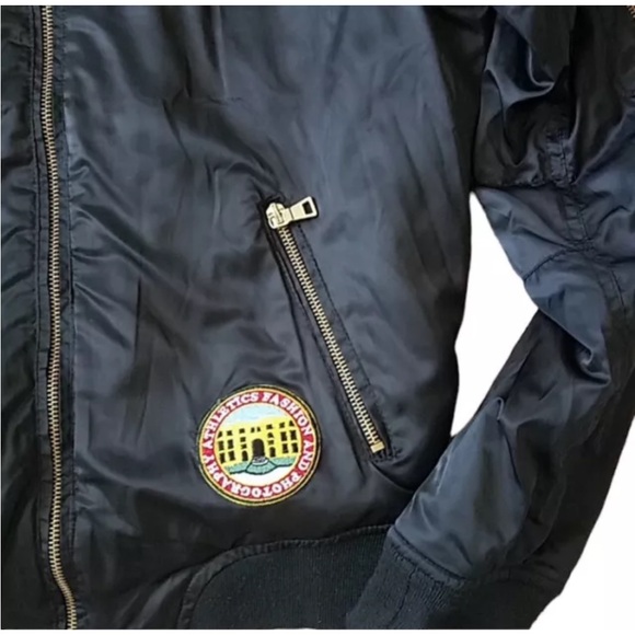 Y2K Bomber Jacket L Black Satiny Full Zip  Patches 42” Bust - Picture 3 of 10